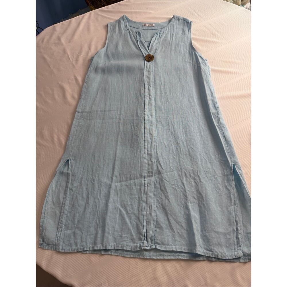New Collection Blue Linen Italy Lagenlook Artsy Dress One Size